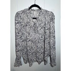 Free People Smocked Floral Print High Neck Tie Neck‎ Long Sleeve Blouse Top M